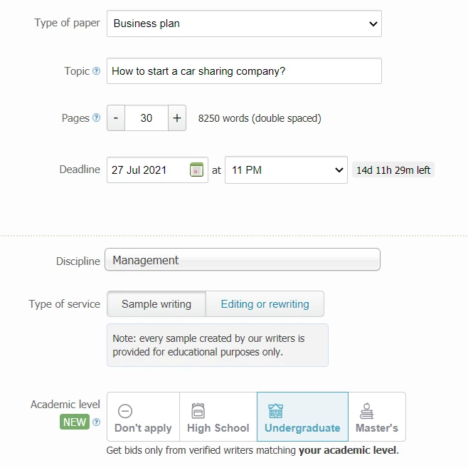 Bid4Papers order form 